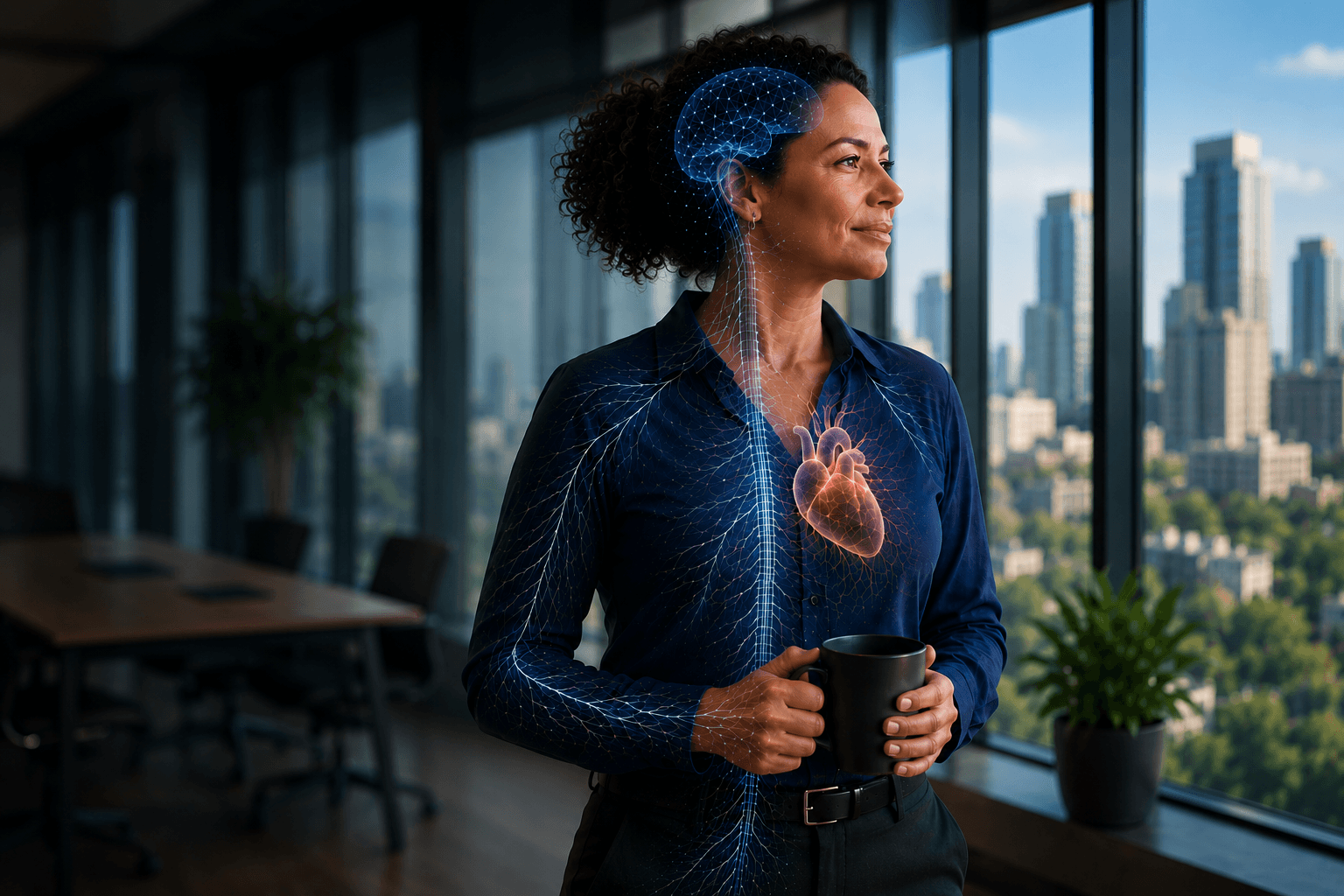 A calm professional holding coffee beside office windows with a nervous system and heart visualization overlay.