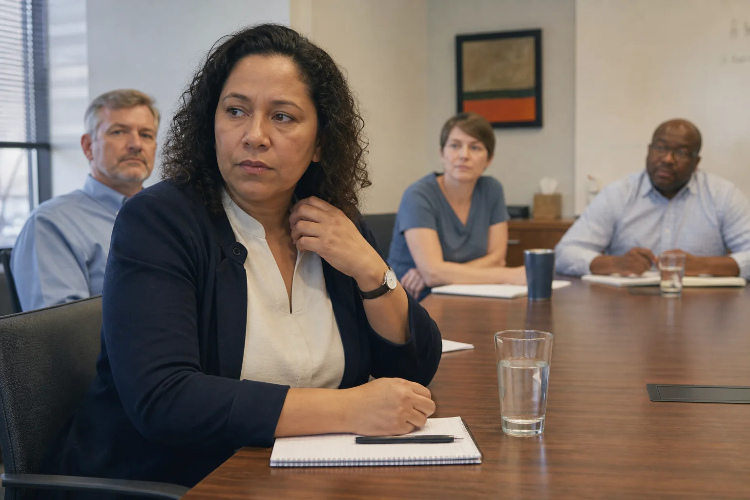 Maya pauses during a morning meeting as she notices tension building before responding