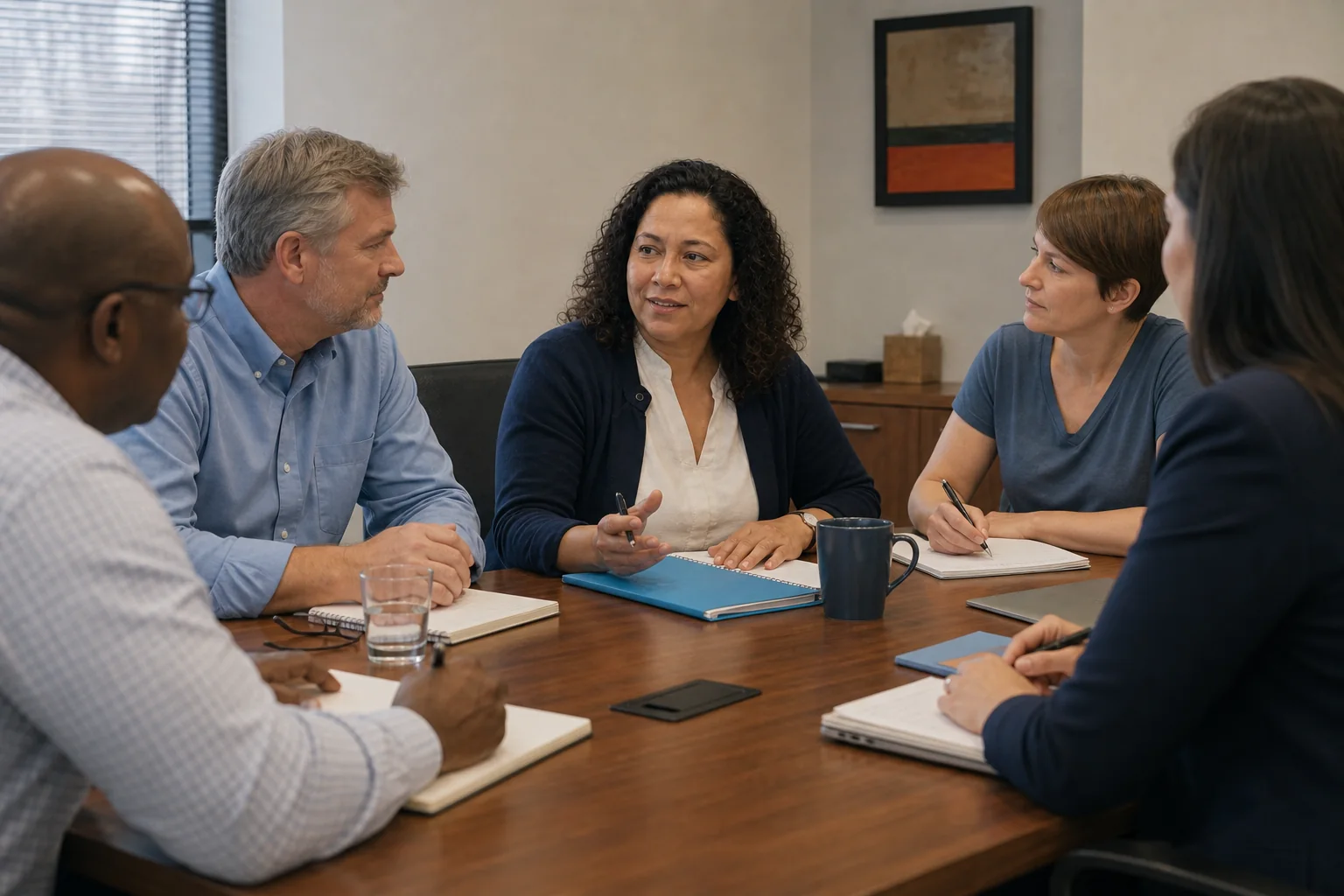 Maya leads an everyday team conversation with calm, clarity, and attentive coworkers