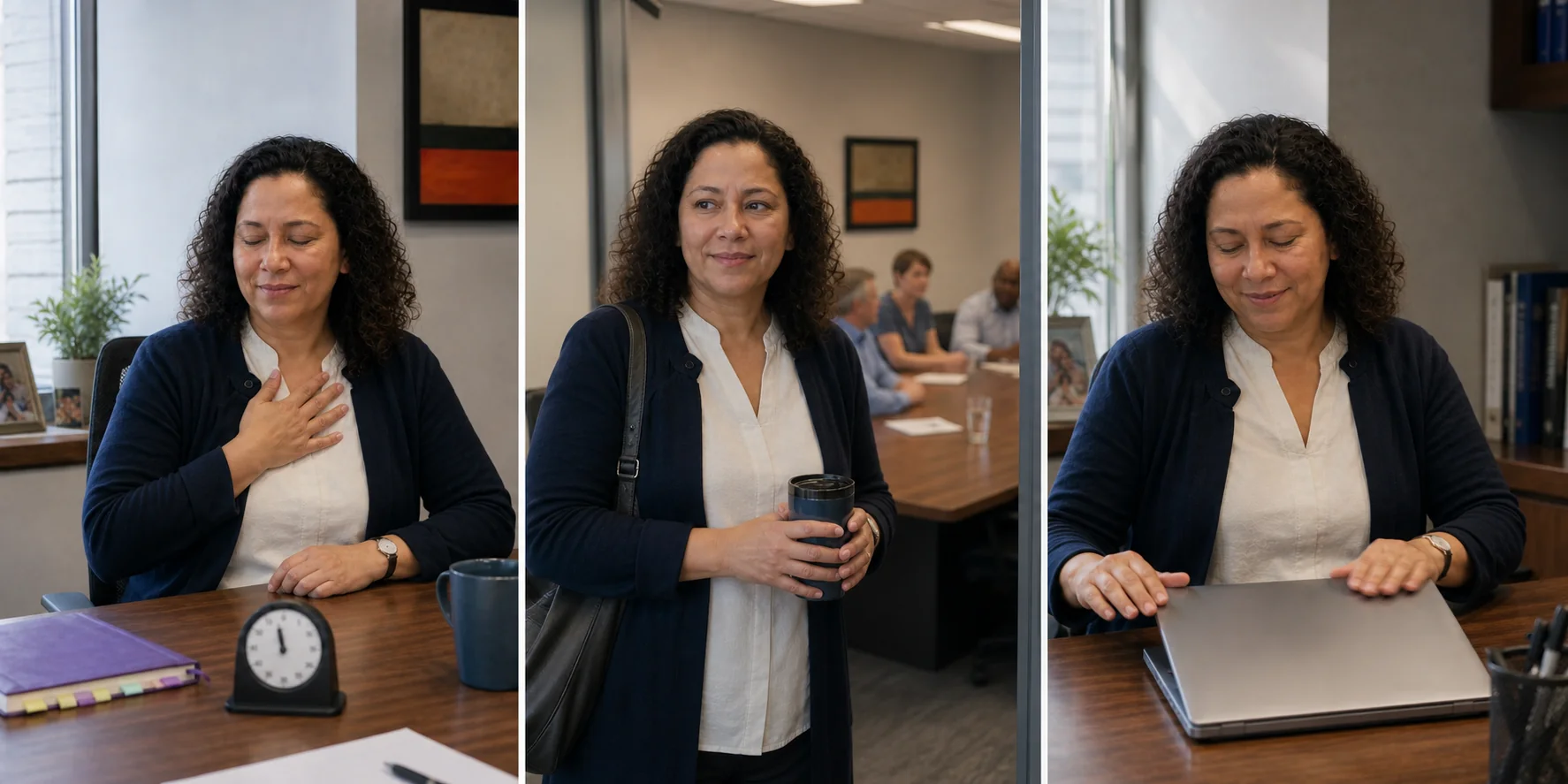 Maya repeats her rhythm through morning practice, a pre-meeting pause, and the end of her workday