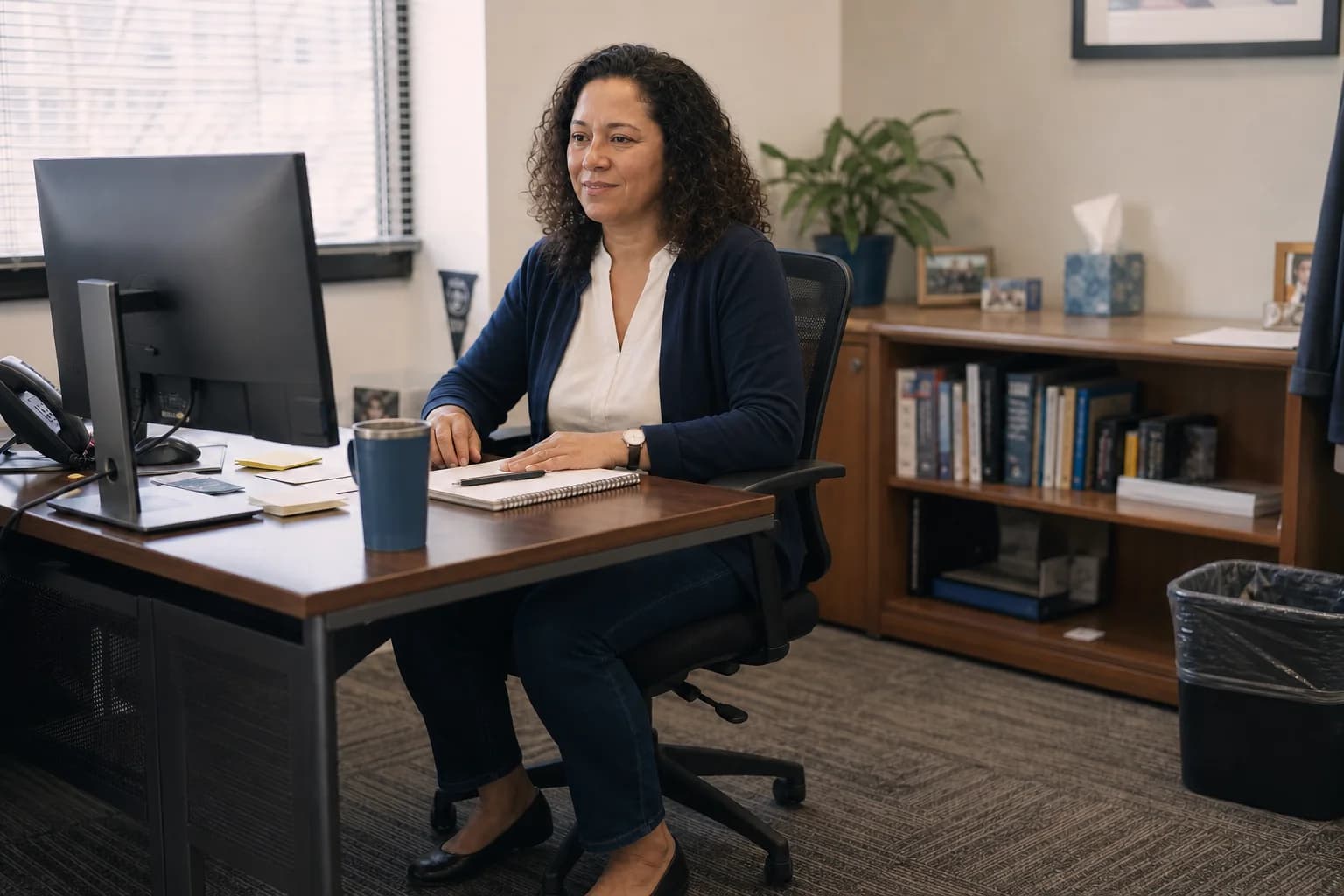Maya returns to her desk with her feet grounded and posture relaxed