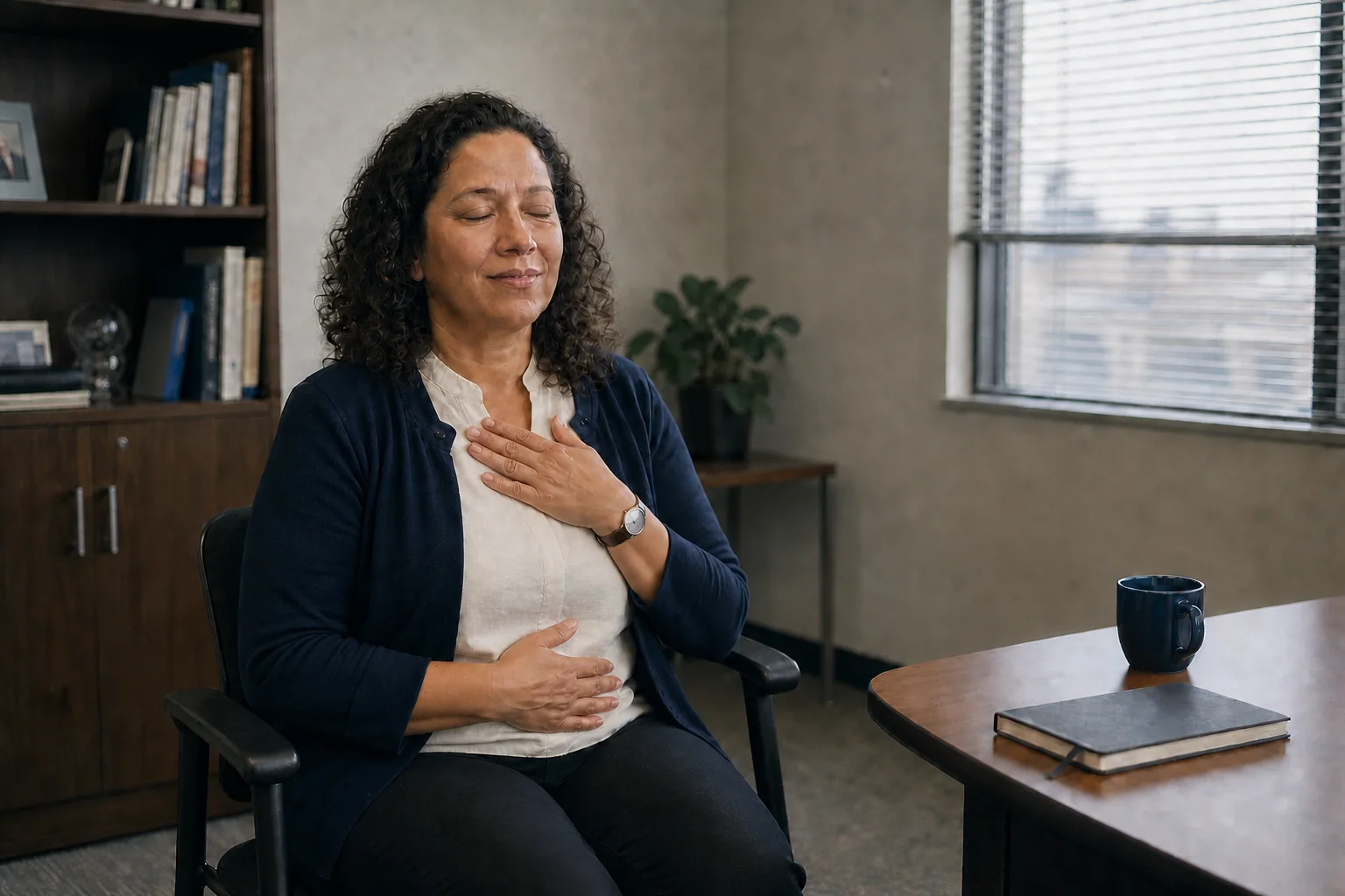 Maya practices slow breathing with one hand on her chest and one on her stomach