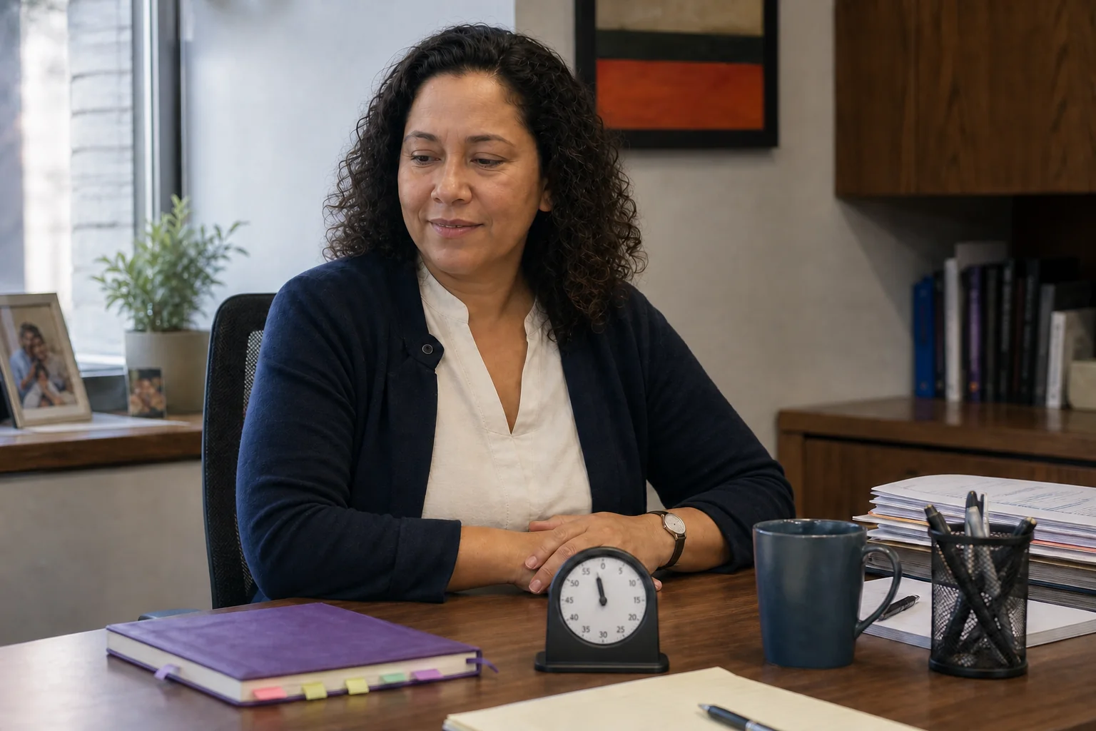 Maya sits peacefully at her desk after completing her familiar morning practice