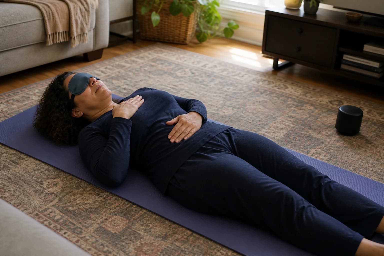 Maya practices breathwork at home on a mat with an eye mask, one hand on her chest and one on her stomach